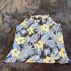 Tommy Bahama Blue and Yellow Leaf Print Top